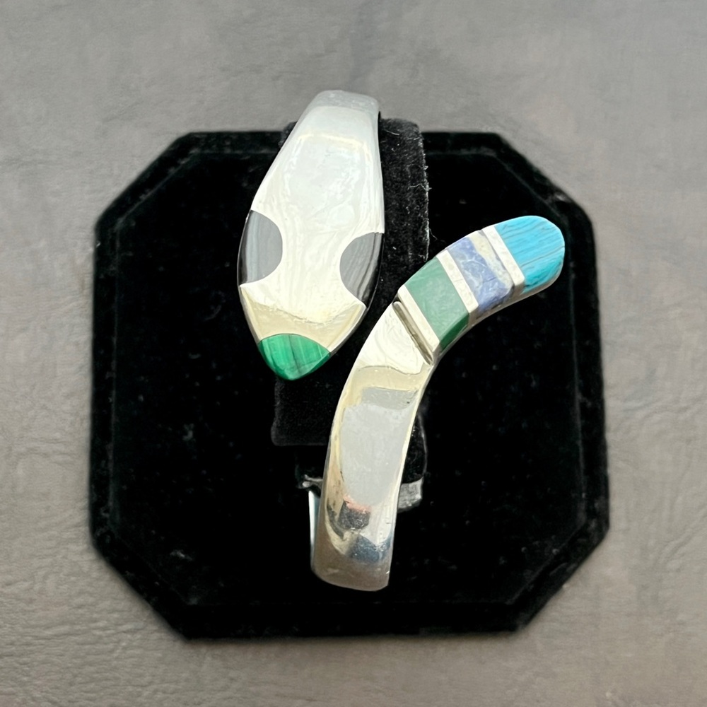Vintage 54 gram Taxco Mexico sterling multi stone hinged snake bracelet - Picture 9 of 15
